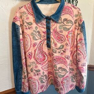 Large Cherry Betty printed denim and paisley polyester top.